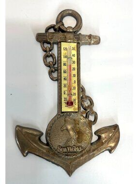 VTG 70's Sea World Anchor Shaped Thermometer Orca Whale Bronze Finish Metal